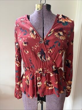 Daytrip Y2K Floral Wrap Peplum Blouse in Rust